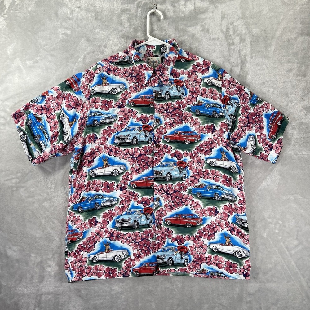 Reyn Spooner Shirt men's XL Button Up Hawaiian Floral Spun Rayon Santa Claus AOP
